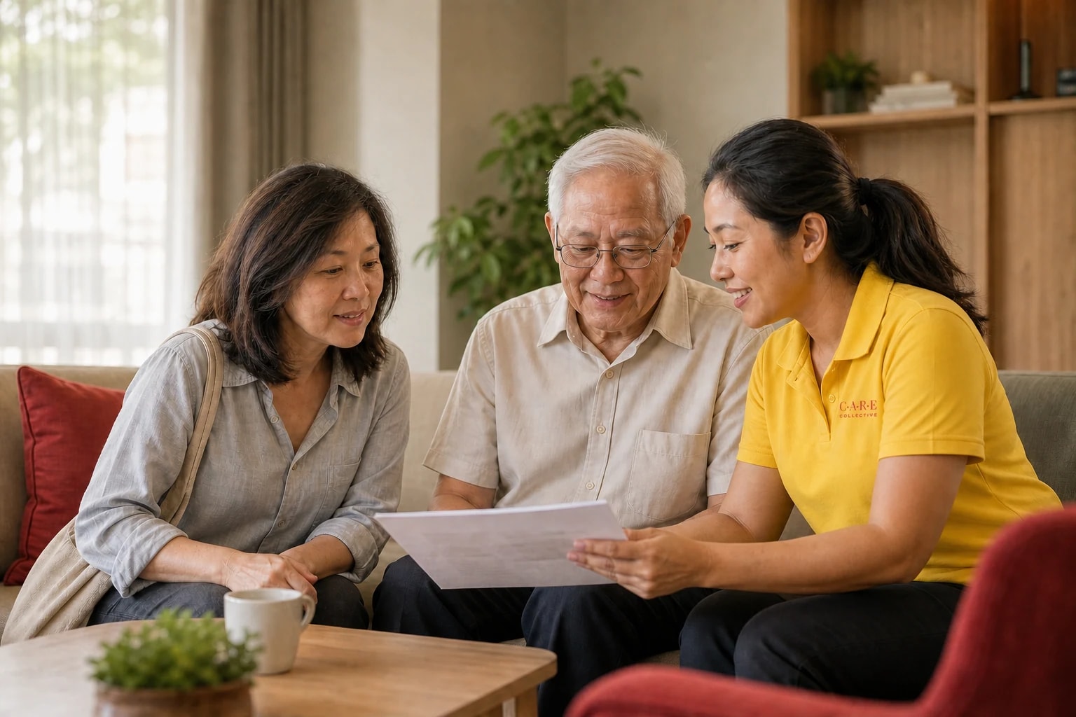 A caregiver walking with a resident along a Care Collective corridor