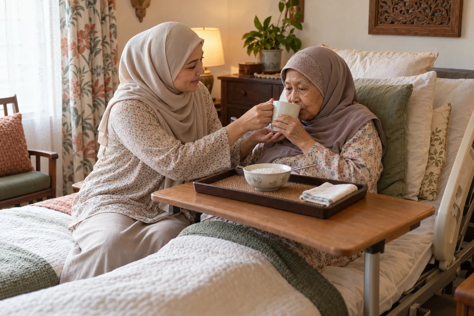A woman in a headscarf steadies a cup as her elderly mother, propped upright in bed, takes a sip, with a bowl of porridge on the bed table