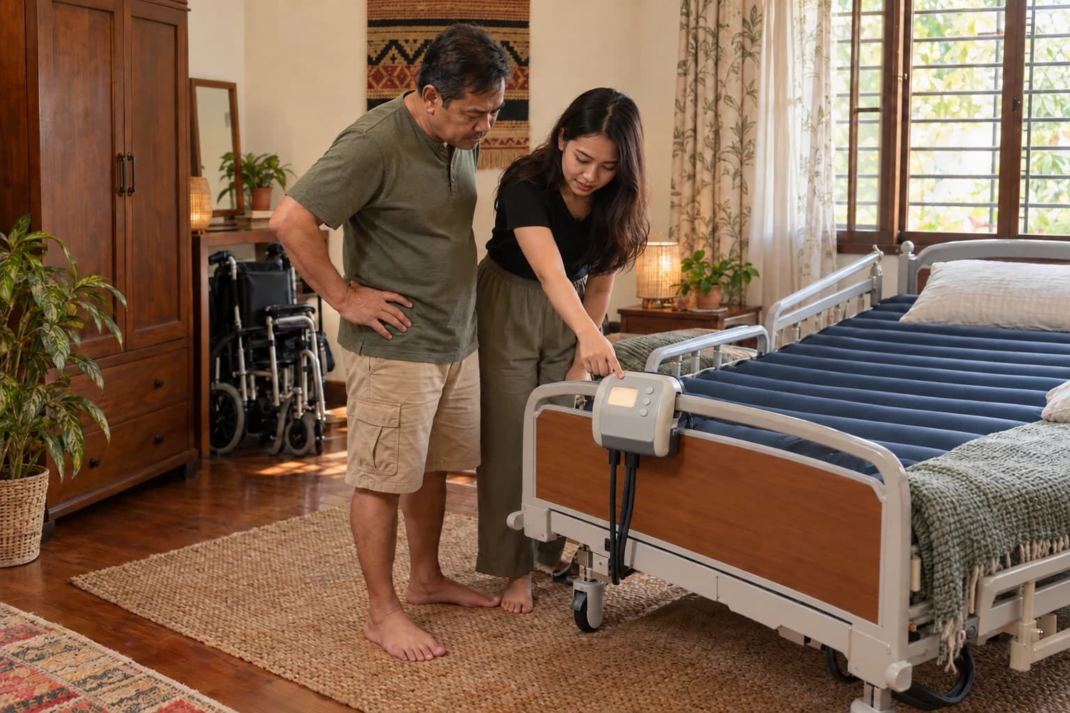 In a bedroom at home, a man and his adult daughter look at the pump of an air mattress on an adjustable bed, with a folded wheelchair by the wardrobe