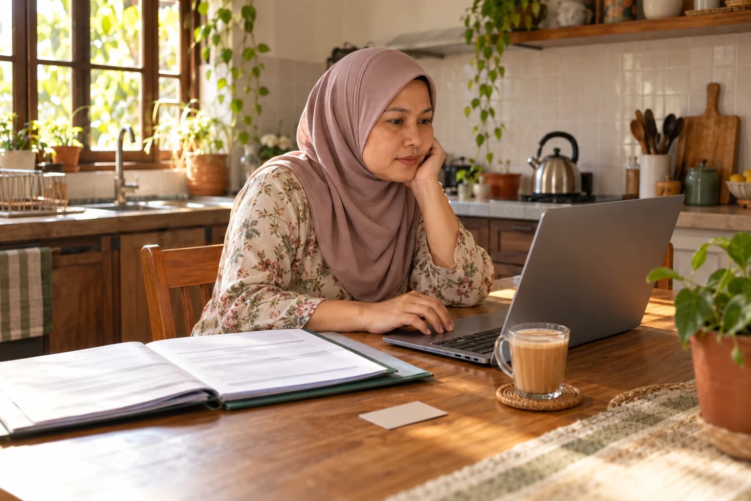 A woman in a headscarf works on a laptop at the kitchen table, with a folder of papers and a glass of teh tarik beside her