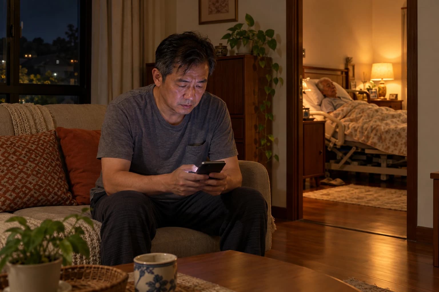 Late at night, a tired man sits on the edge of a sofa holding his phone, with his elderly father asleep in an adjustable bed in the lit room behind