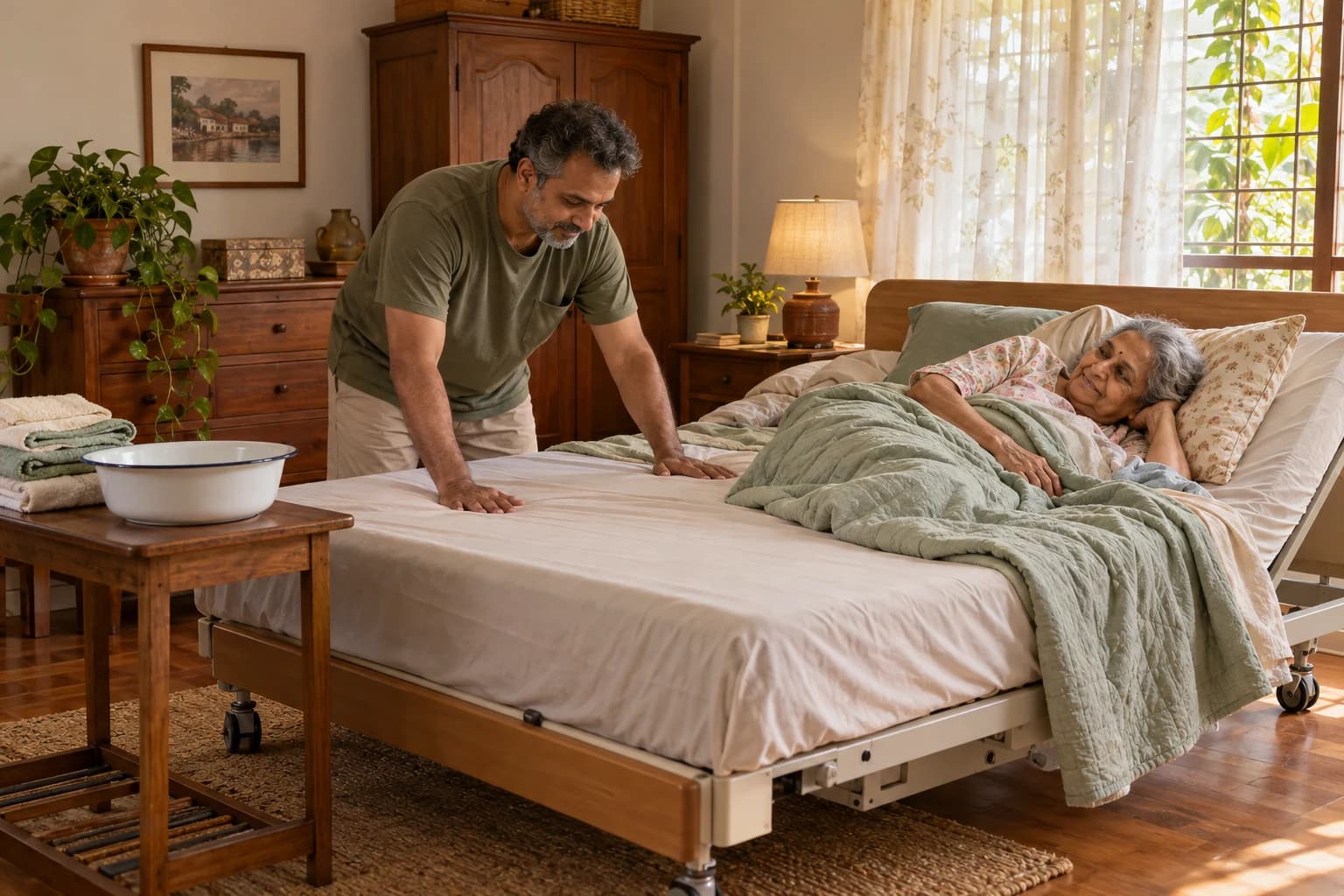 A man smooths a clean sheet on an adjustable bed while his elderly mother rests on her side, with folded towels and a basin on the side table