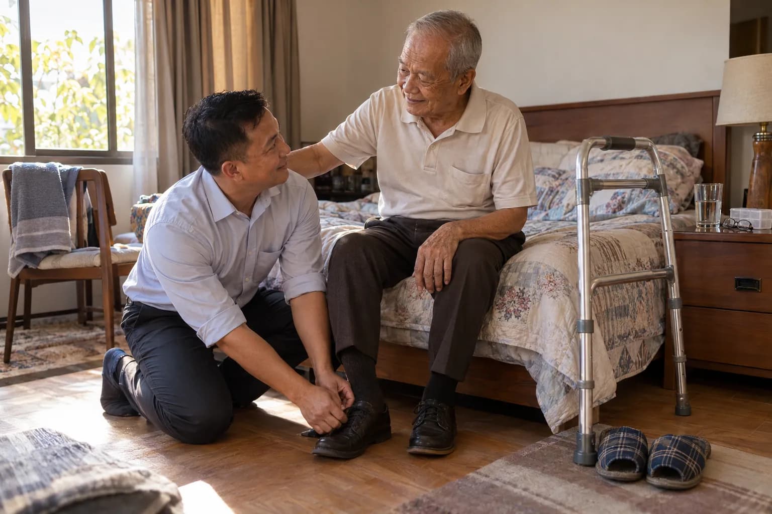 父亲坐在床边，旁边放着助行架，儿子跪下来帮他绑鞋带