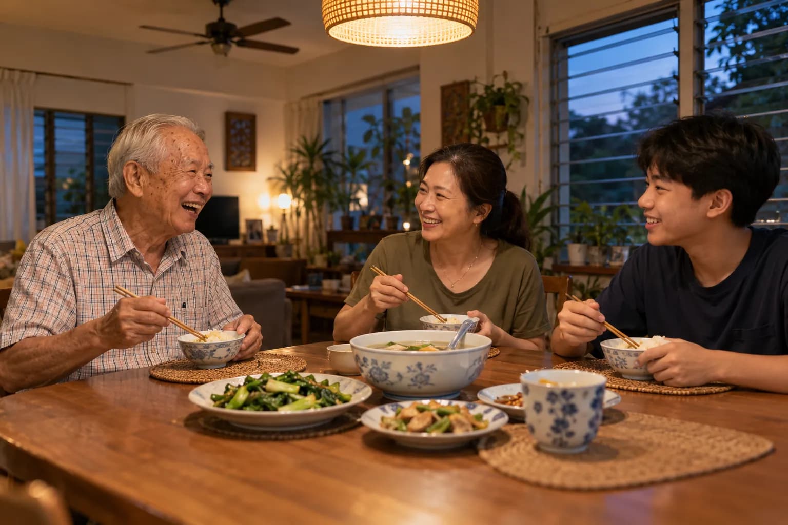 傍晚，爷爷和女儿、十几岁的孙子在家里餐桌吃晚饭，笑得很开心