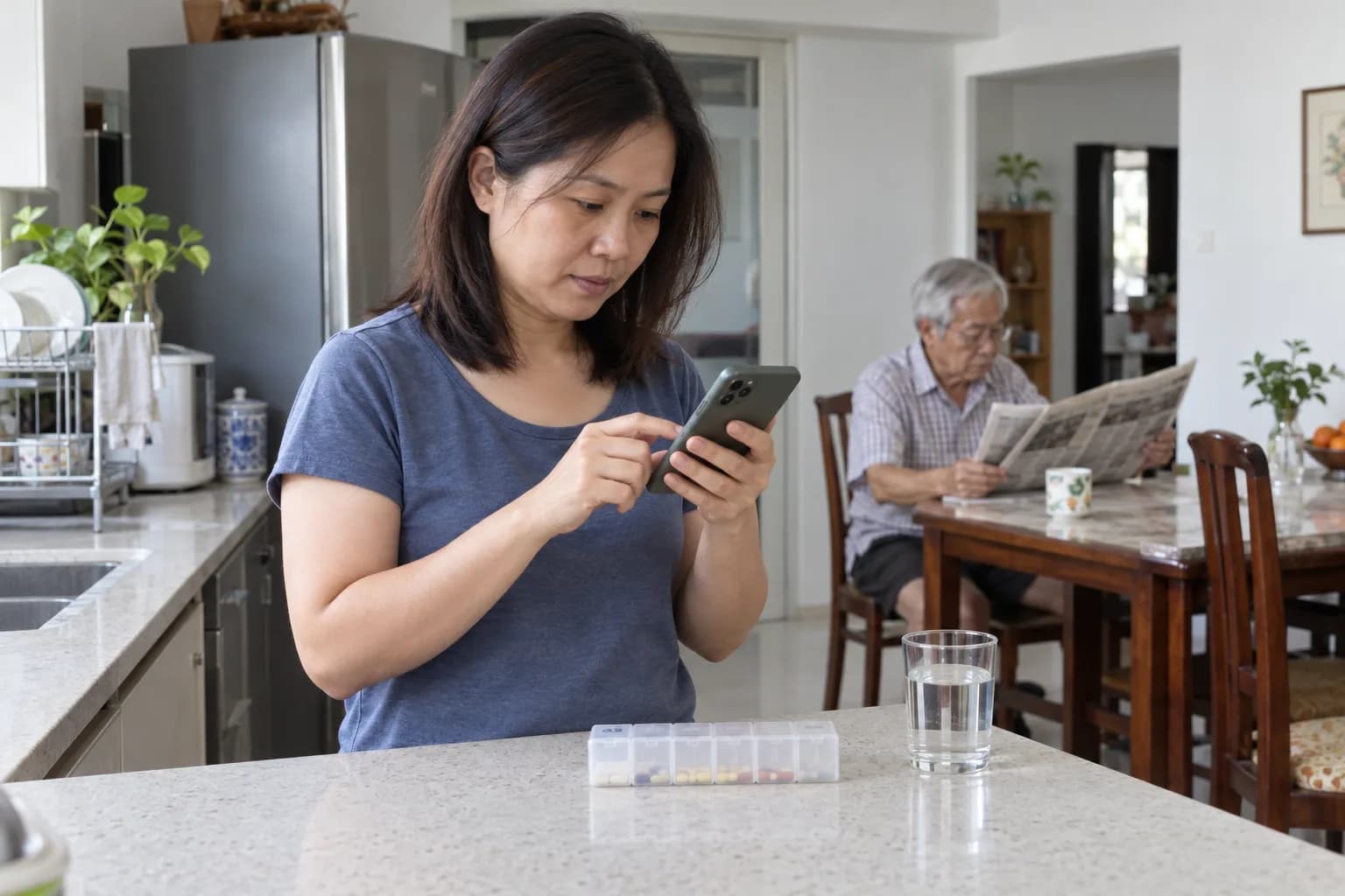 In a kitchen, a woman sets a reminder on her phone beside a pill organiser and a glass of water, while her father reads the newspaper at the table behind her
