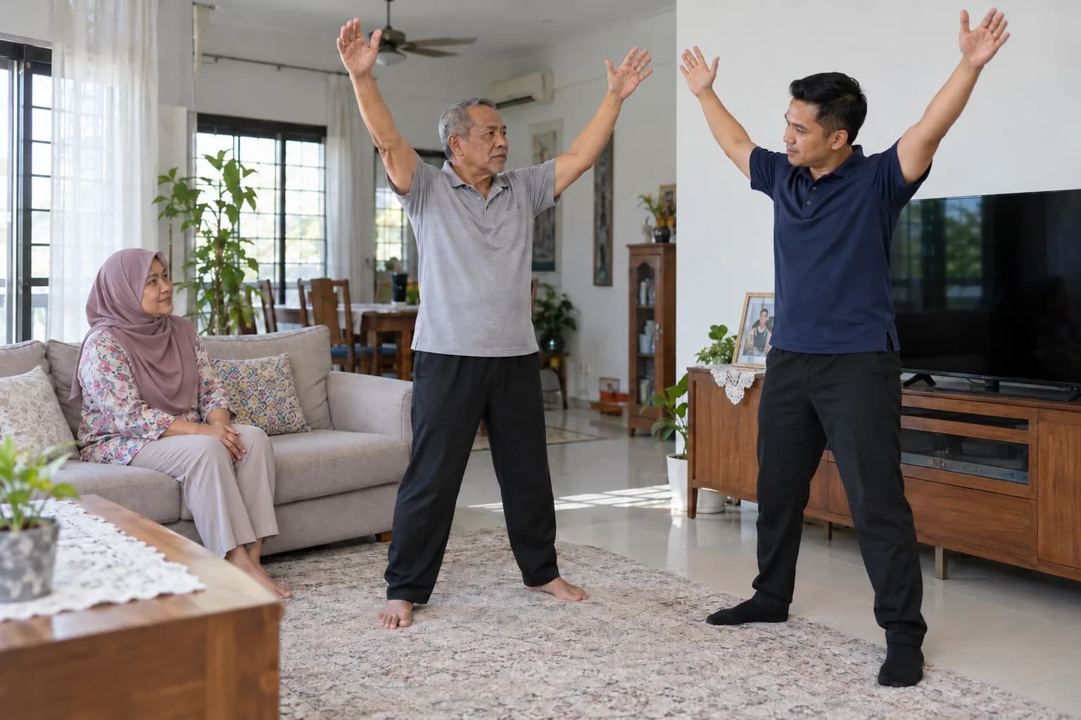 In a living room, an older man and his son stretch their arms wide together in an exercise, while his wife watches from the sofa