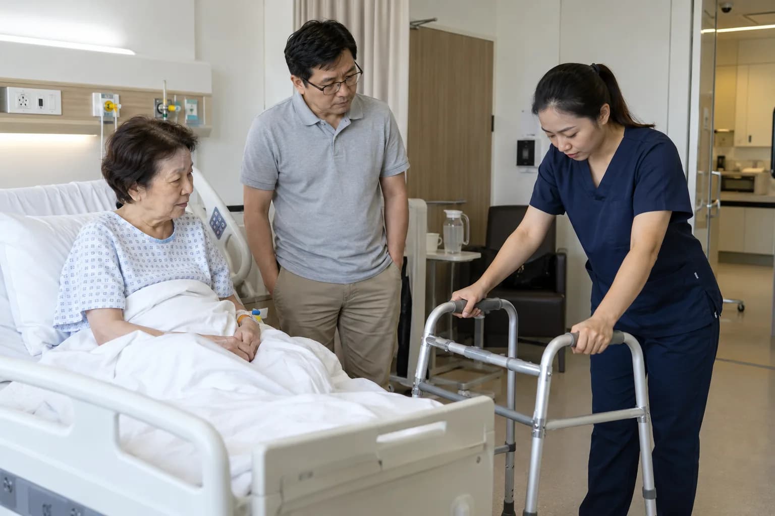 On a hospital ward, a nurse sets up a walking frame beside the bed of an older woman while her son watches