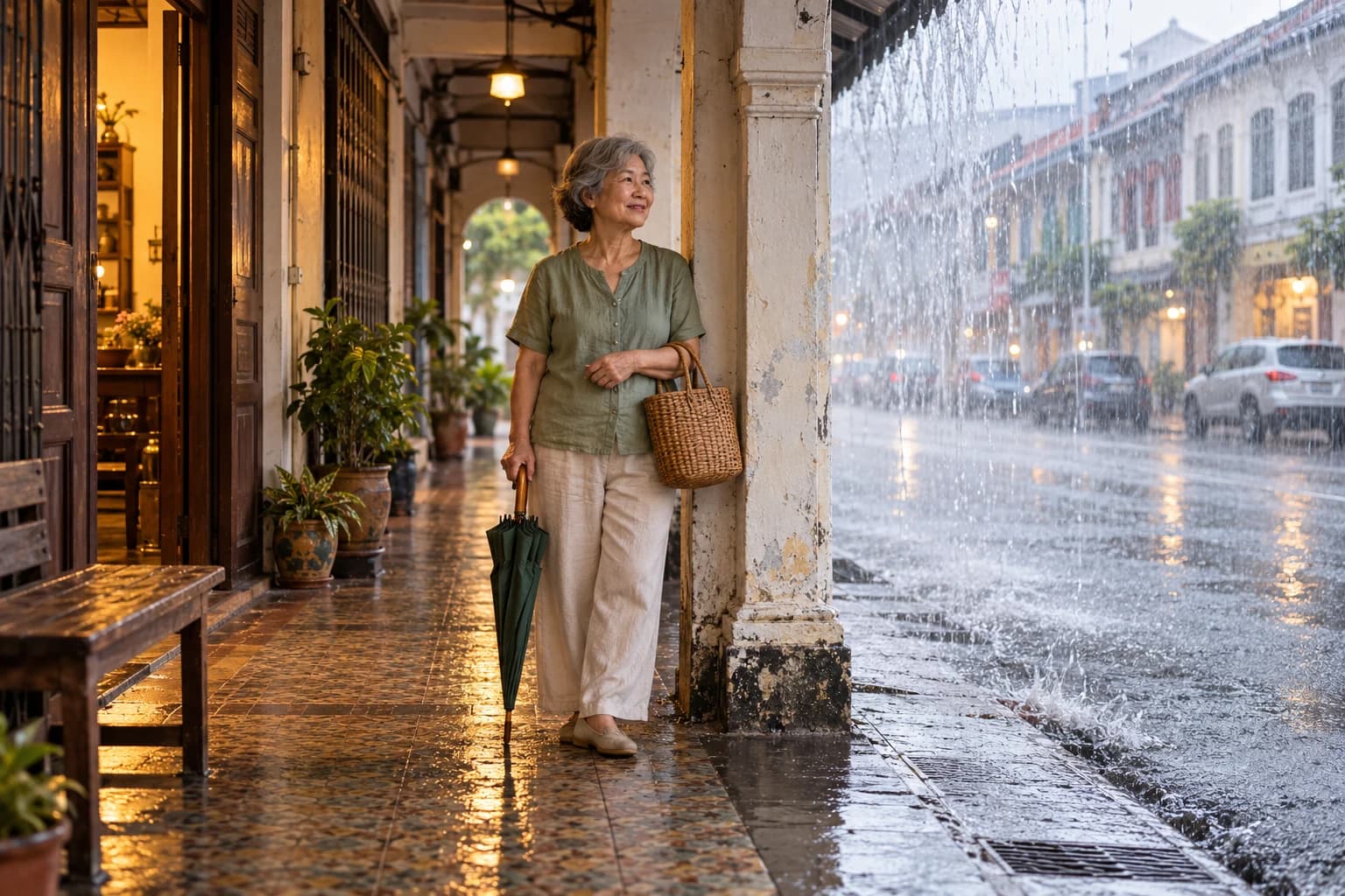午后下大雨，一位年长女士拿着收好的雨伞和藤篮，在店屋五脚基下等雨停