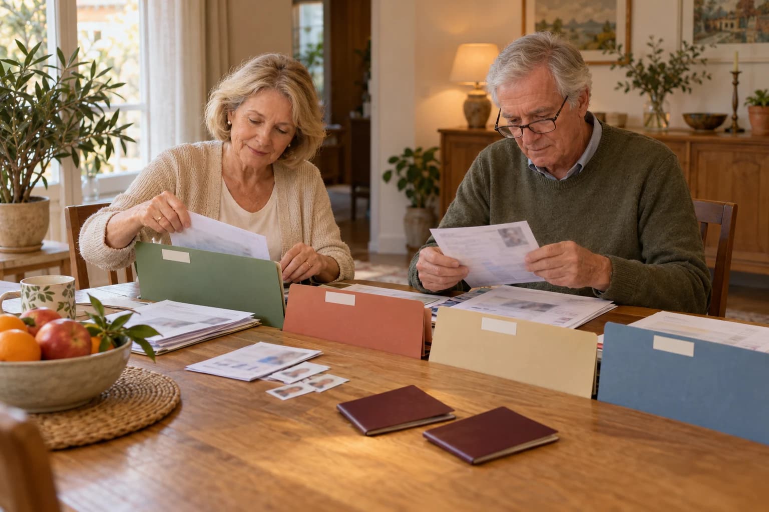 An older couple at home sort papers into coloured folders, with two passports and passport photos on the table