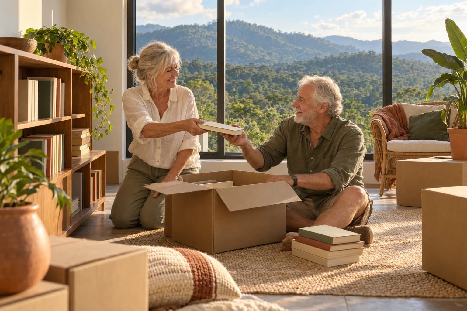 A woman hands her husband a book over an open moving box, with forested hills in the window behind them