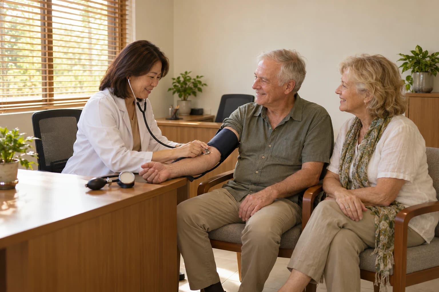 A doctor checks the blood pressure of an older European man with a cuff and stethoscope, while his wife sits beside him