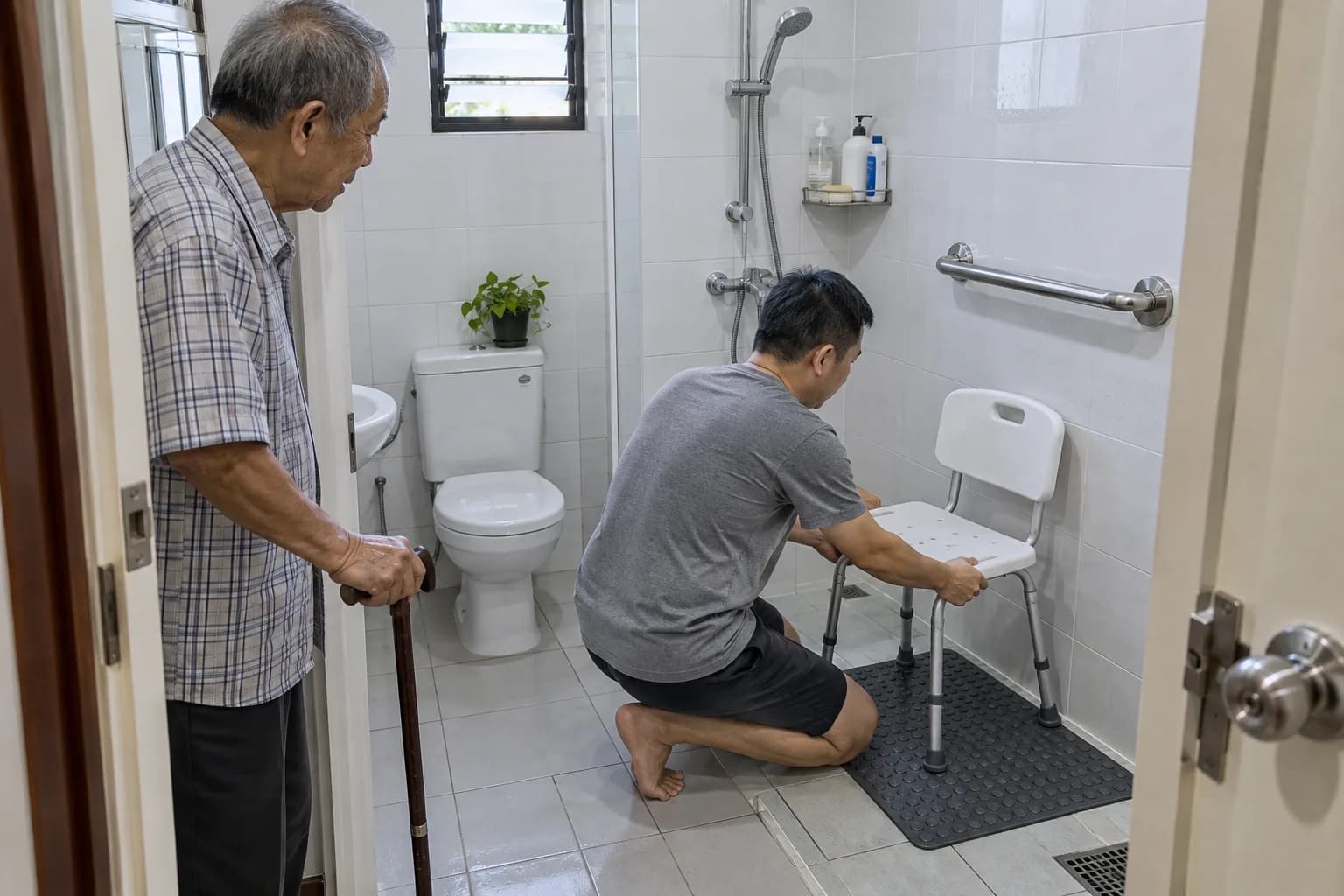 A man kneels to set a shower chair on a non-slip mat below a grab rail, while his father, holding a walking stick, watches from the bathroom door