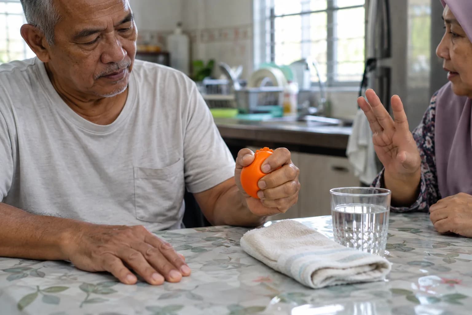 At a kitchen table, an older man squeezes a soft therapy ball while his wife talks with him