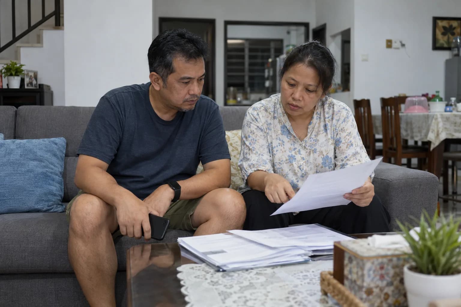 A man and a woman on a sofa at home go through a pile of hospital papers together