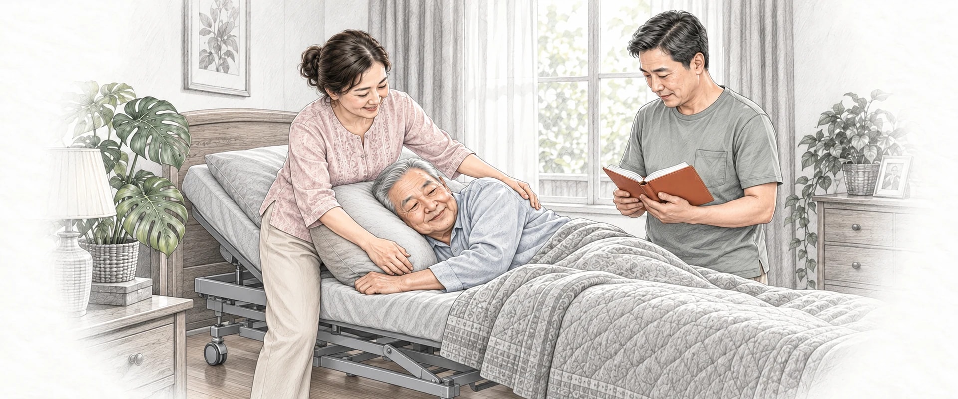 A drawing of a woman turning her father onto his side in an adjustable bed at home, one hand on his shoulder and one on a pillow behind him, while her brother reads from a notebook at the bedside