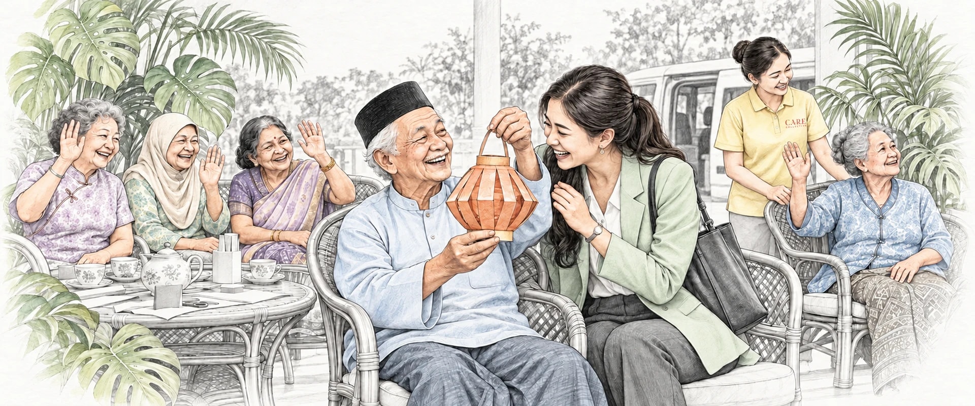 插画：女儿来接父亲回家，戴宋谷帽的父亲举起纸灯笼给她看，邻桌的朋友笑着挥手，一位员工在后面陪着另一位会员