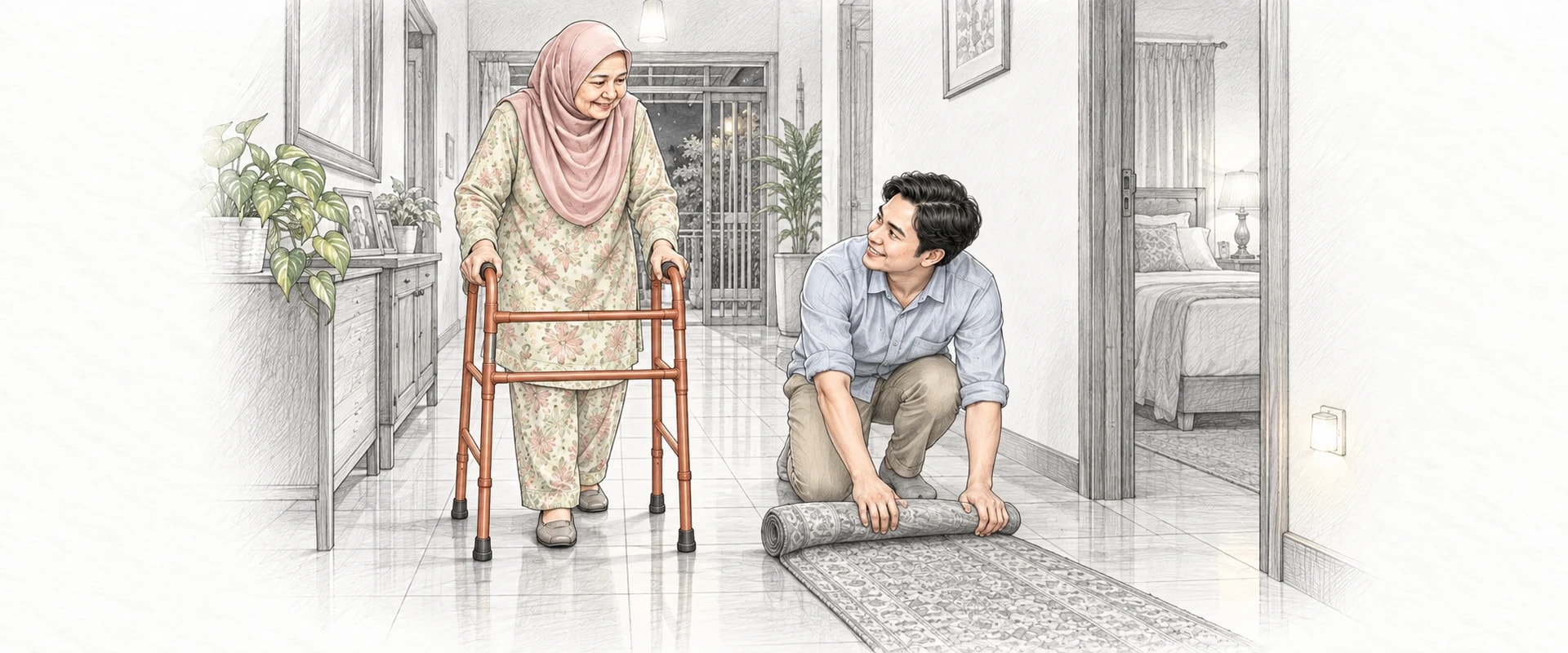A drawing of an older woman in a headscarf walking down a hallway with a walking frame, while her son rolls up a rug from her path and a night light glows by the bedroom door