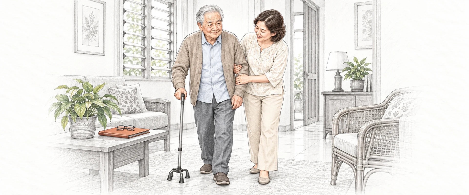 A drawing of an older man walking through his living room with a four-footed walking stick, his daughter holding his arm, a folder of hospital papers on the table