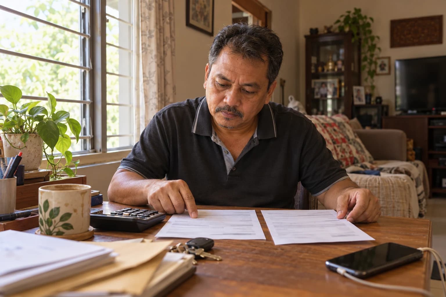 A man at a table at home compares two printed quotes side by side, with a calculator and his car keys beside them