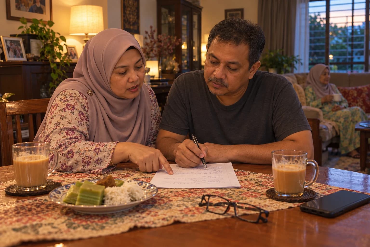 A brother and sister at the dining table go through a handwritten weekly plan while their mother drinks tea on the sofa behind them