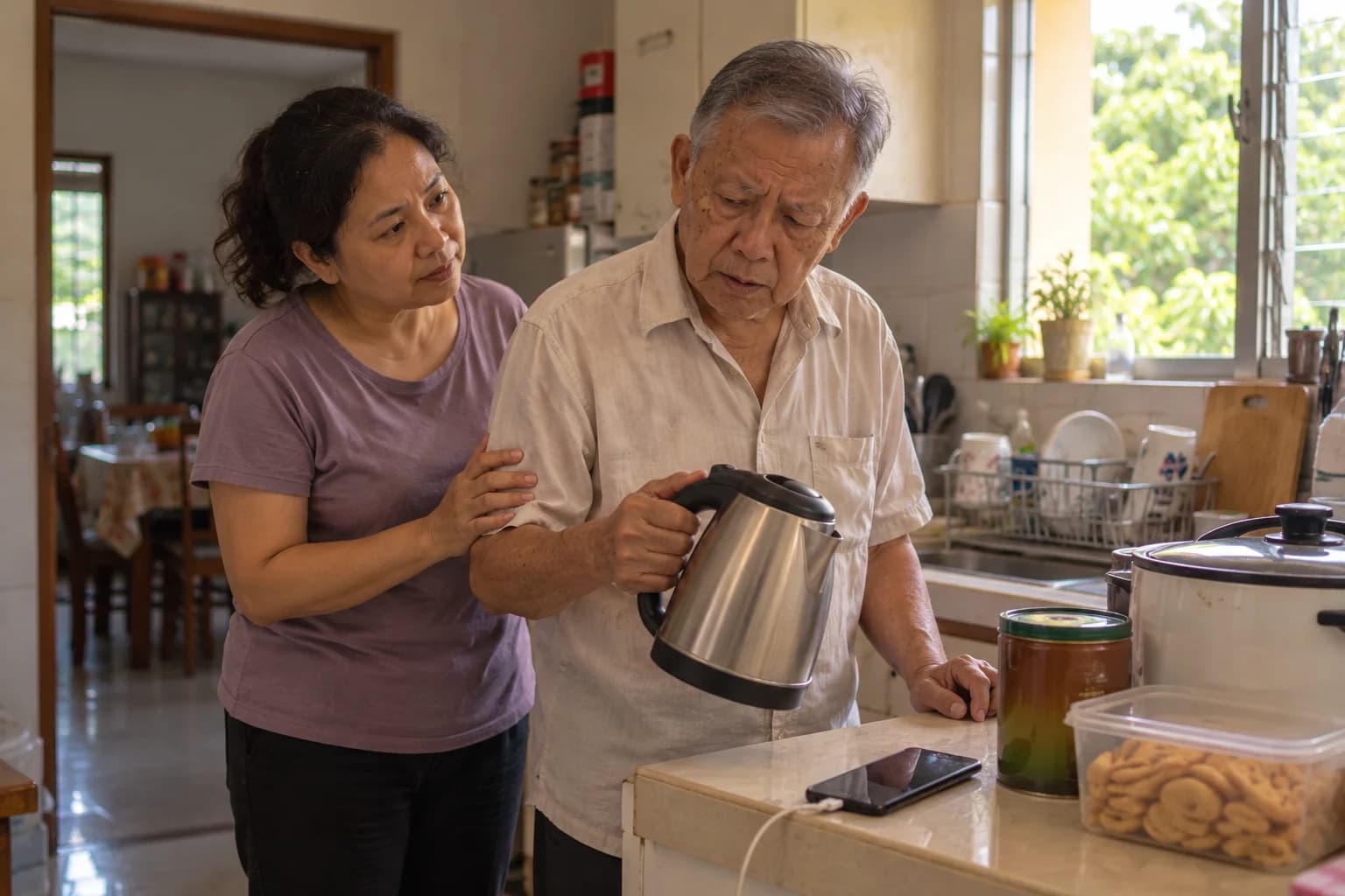 In a home kitchen, a woman rests a hand on her father's arm as he stands at the counter holding a kettle, looking unsure
