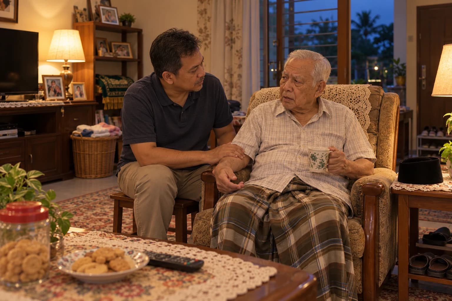 In a lamp-lit living room at dusk, a man sits beside his elderly father in an armchair and rests a hand on his arm