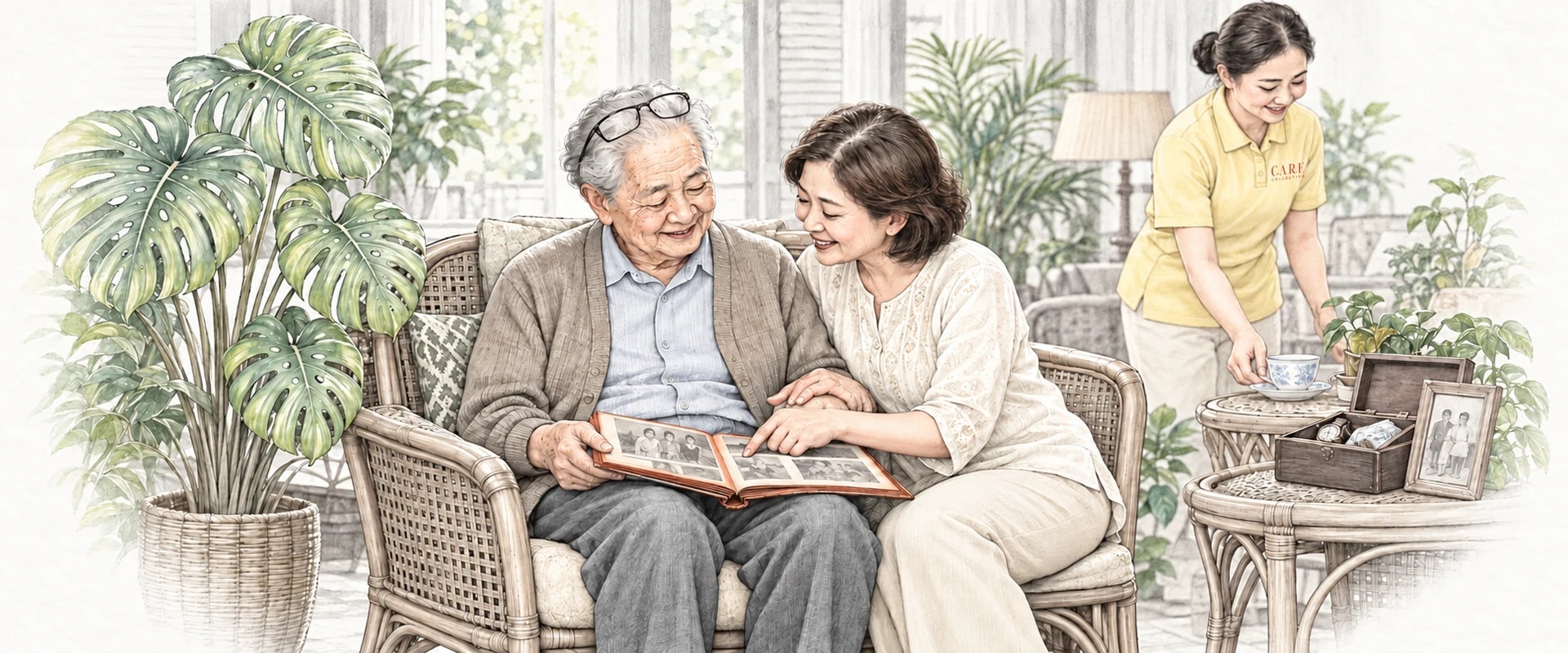 A drawing of an older man in a rattan armchair looking through a family photo album with his daughter, while a caregiver brings a cup of tea