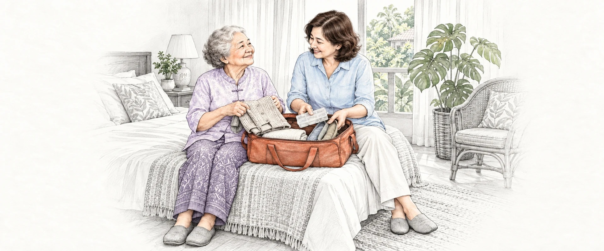 A drawing of an older woman and her daughter sitting on a bed, packing a terracotta travel bag with a folded cardigan and a pill organiser