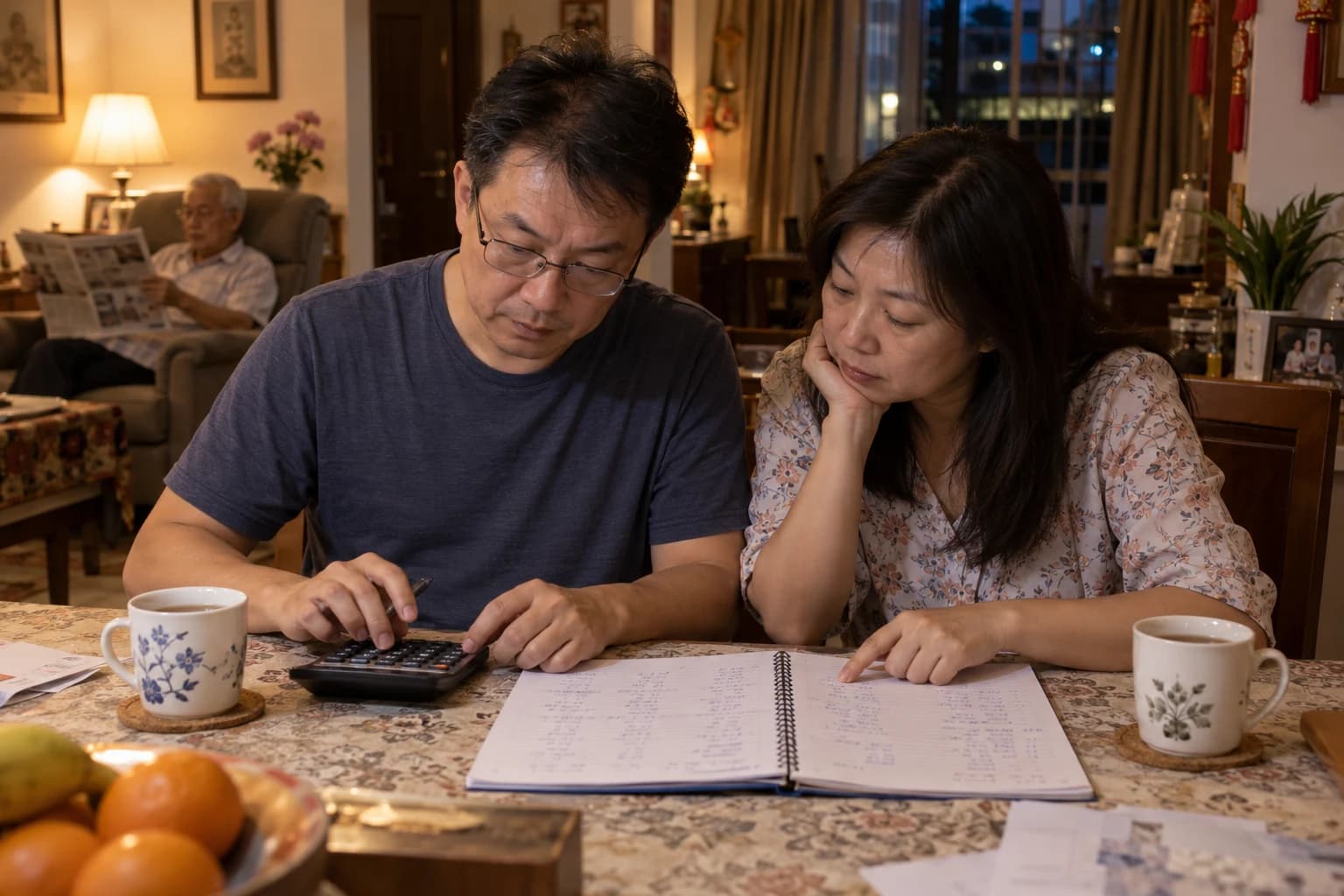 A brother and sister sit at a dining table with a notebook and a calculator, working through the monthly costs together