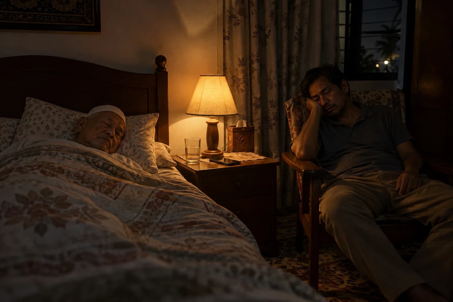 Late at night, a man dozes in a chair beside his sleeping father's bed, a lamp still on