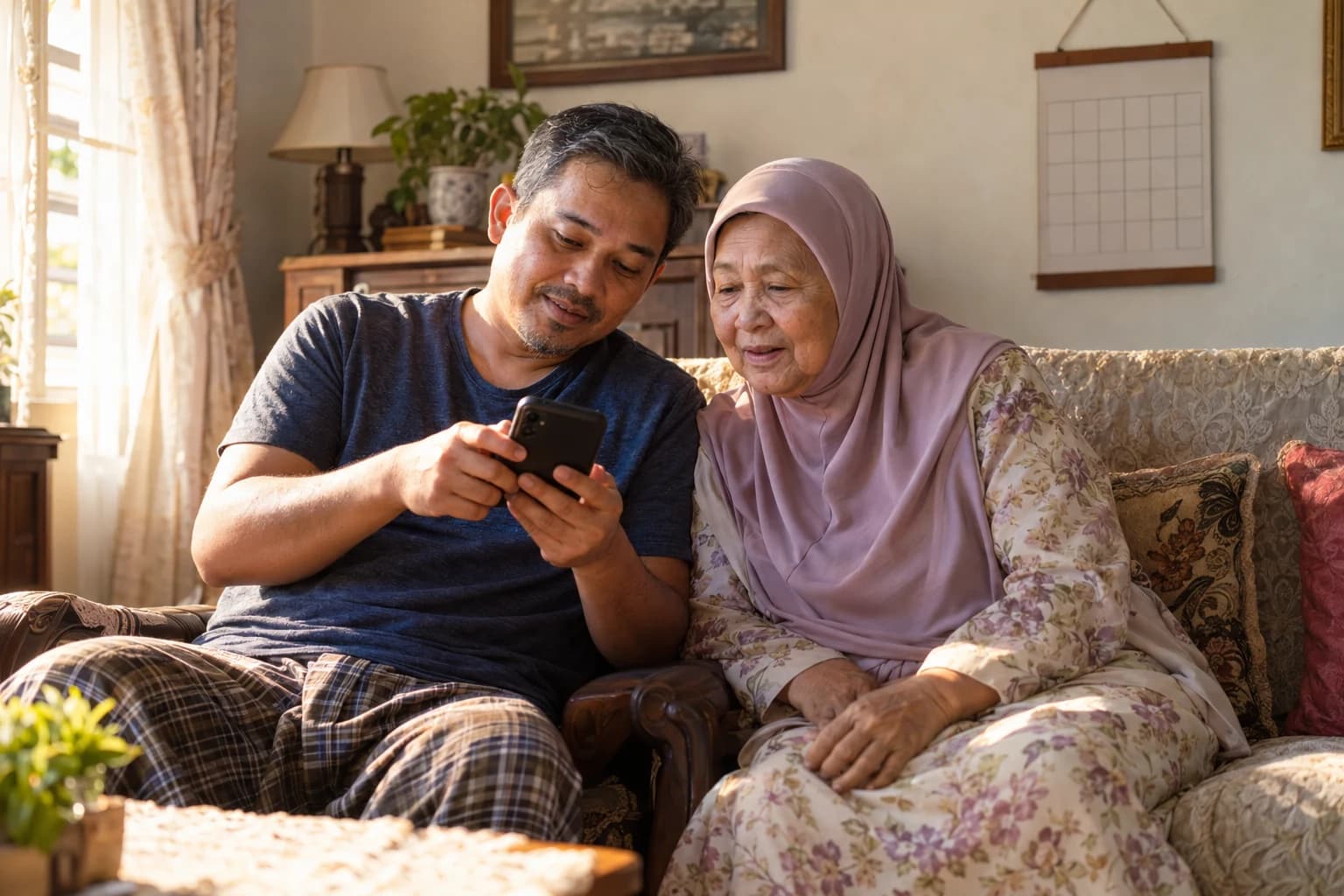 A man sits beside his mother on a sofa and shows her something on his phone as they talk