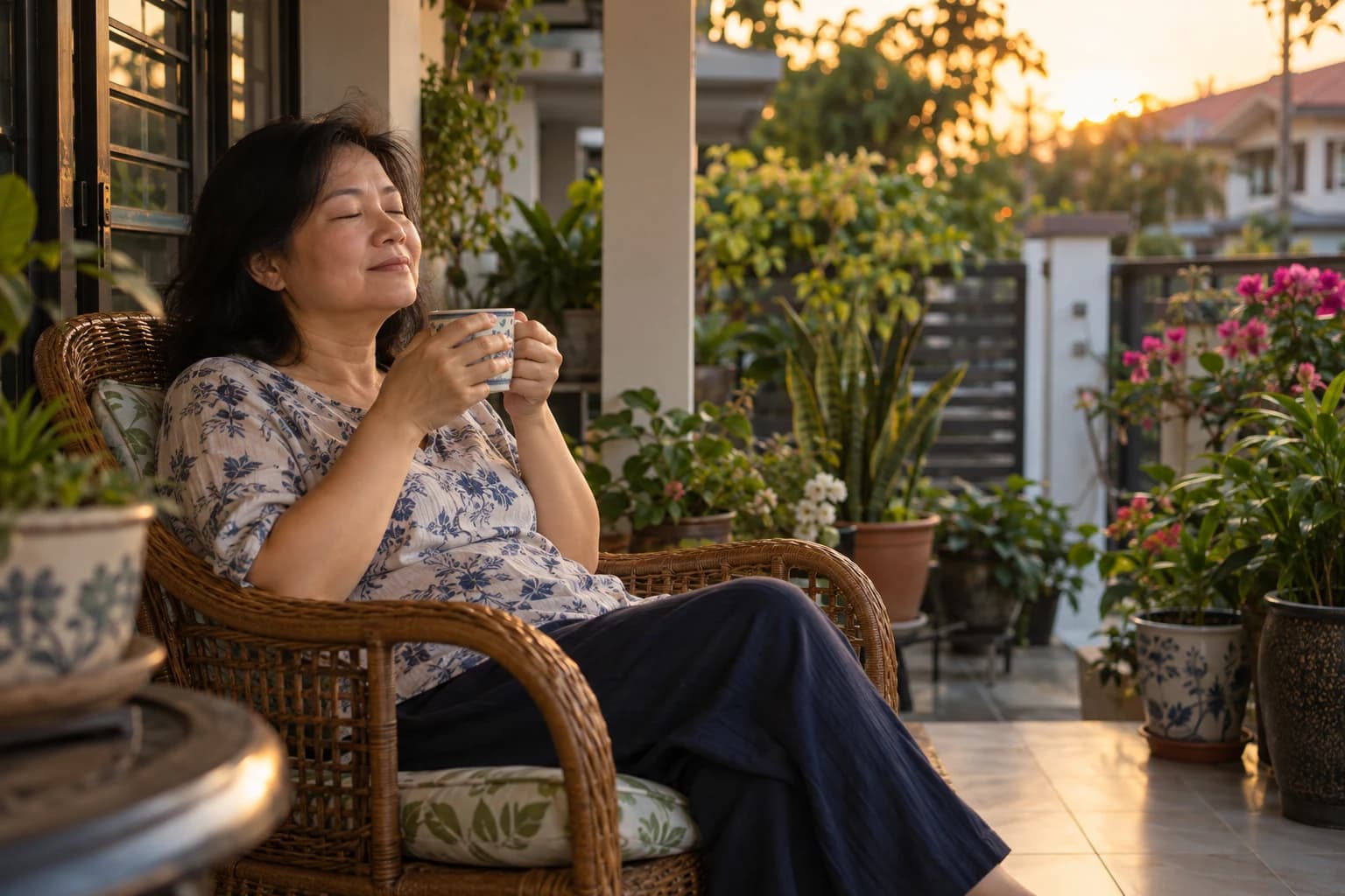 A woman sits alone on a shaded veranda with a cup of tea, resting, while the house behind her is quiet