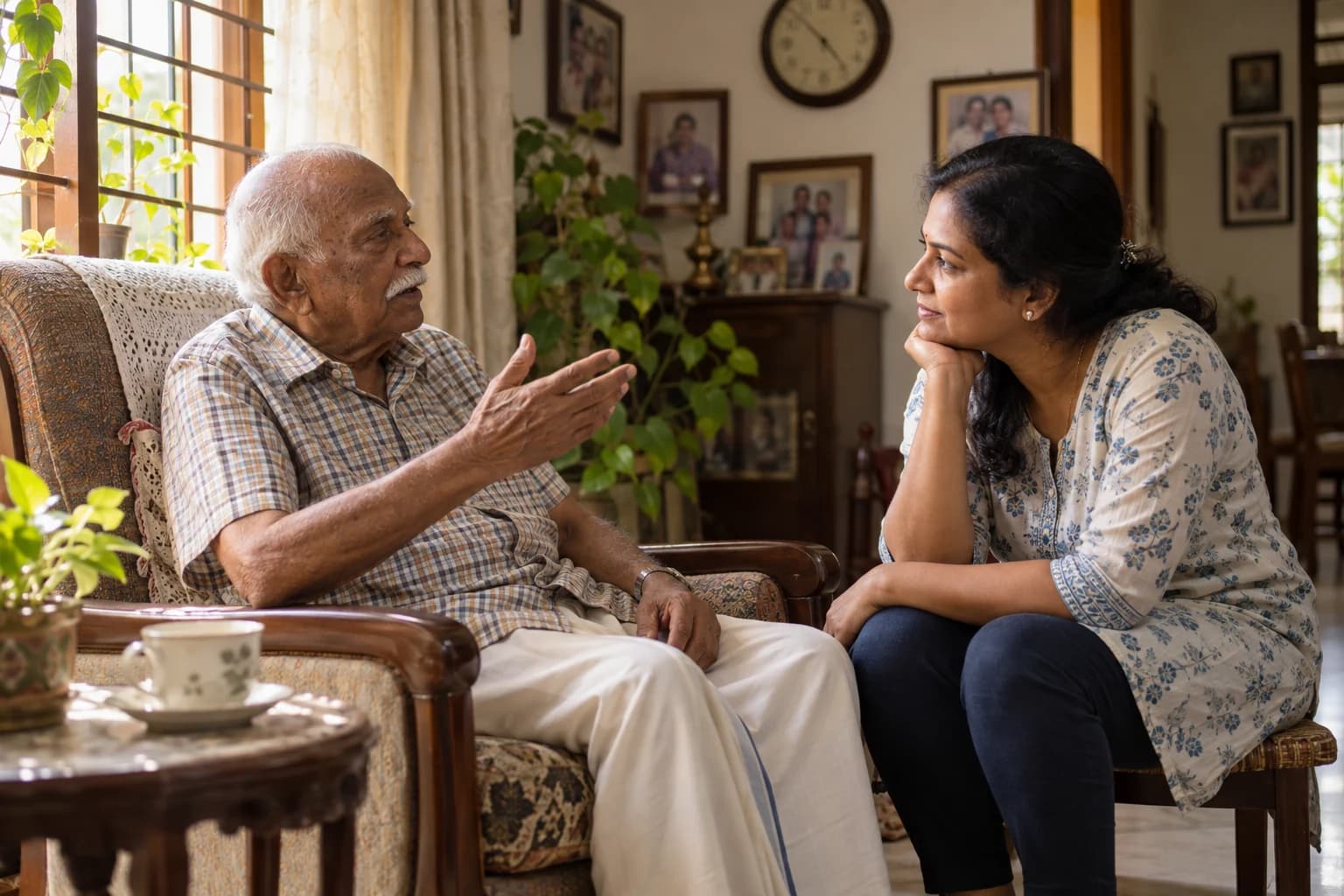 At home, an older man talks with his hands while his daughter sits beside him on the sofa and listens